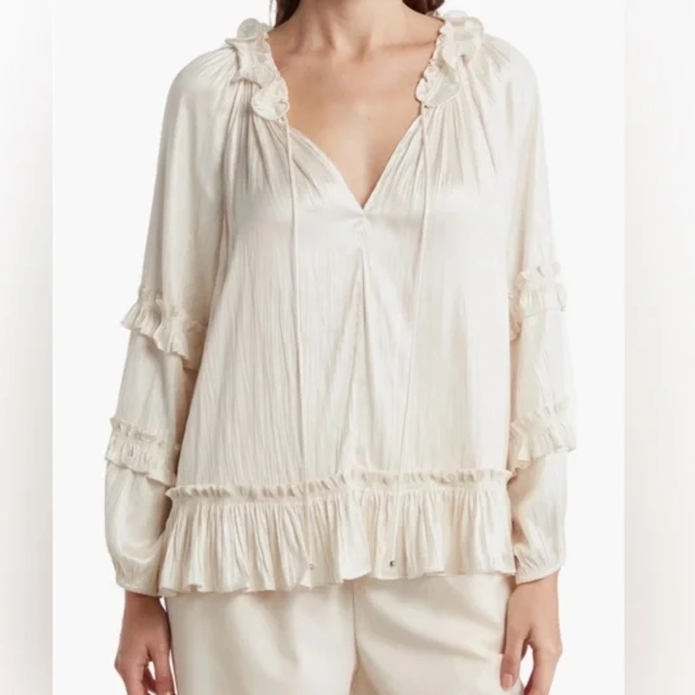 Dreamy BCBGMAXAZRIA Ruffle Peasant Long Sleeve Blouse Gardenia